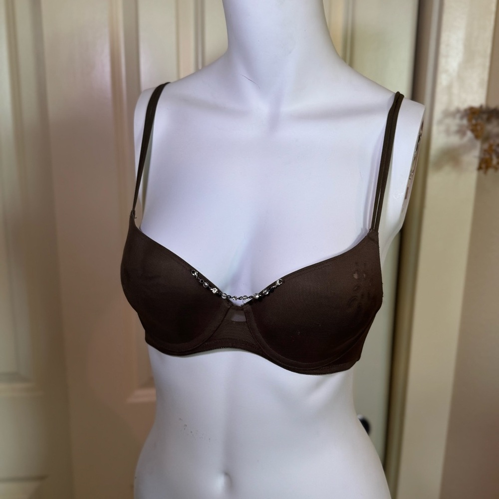 Olive Underwire Lined TShirt Bra with Floral Cutouts and Rhinestone Accents.